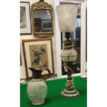 A late Victorian pineapple cut glass claret jug with plated mounts and a plated column oil lamp