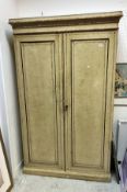 A Victorian painted pine double wardrobe in simulated bird's eye maple,