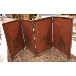 A circa 1900 red lacquered and gilt decorated Chinese four fold screen each panel decorated with