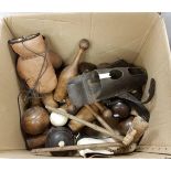 A box of various sporting requisites to include brown leather boxing gloves, skittles,