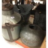 A milk churn, graduated set of three galvanised waste paper bins and a riveted galvanised water pot,