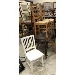 A set of six modern beech ladderback rush-seat kitchen chairs, a white painted chair,