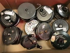 A collection of fly reels and one multiplying reel to include a Hardy "Hydra" 3¾" fly reel,