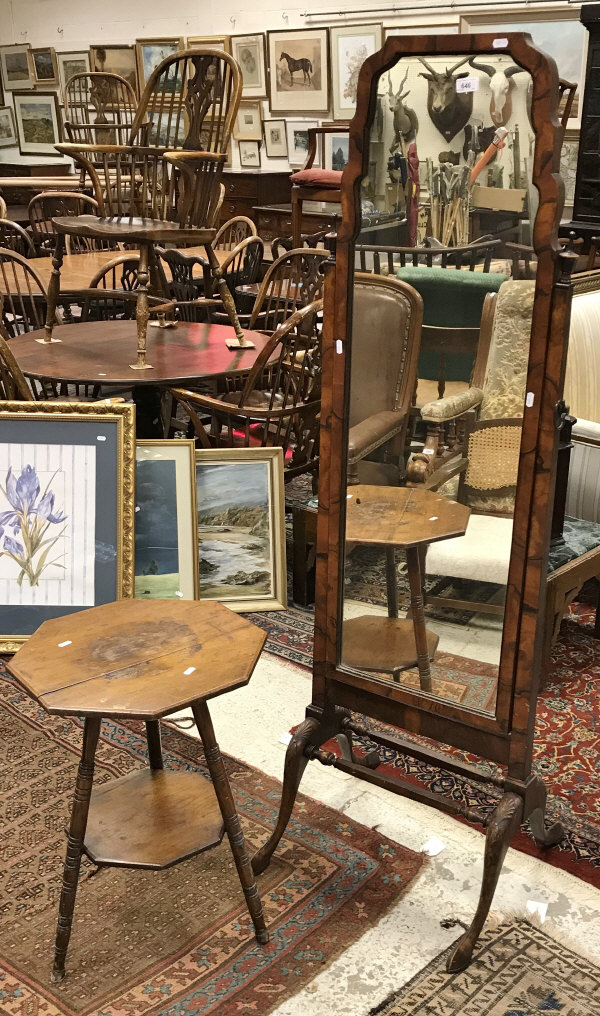 A 1930s walnut-framed cheval mirror in the early 18th Century manner and a circa 1900 mahogany