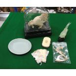 A collection of ornamental ivory and other wares to include ivory chicken,