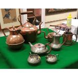 A copper kettle, Guernsey-type cream jug, copper and brass mug, small copper kettle,