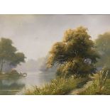 TOM LEIGHTON "River Landscape with Cows Watering in Distance" chalk pastel, signed lower right,