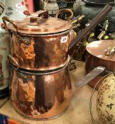 A Victorian copper steamer pan set in two sections with lid, bearing initials "C.W.