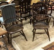 A pair of 19th Century stick back elbow chairs raised on ringed and turned front legs to H