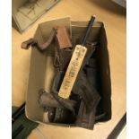 A box of various leather mounted hunting requisites including sandwich box, reflectors, flask, etc,