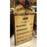 A painted wooden sign "Cheltenham College Boat Club 1906" detailing six rowers