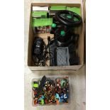 A box containing XBox 360 console, various games,