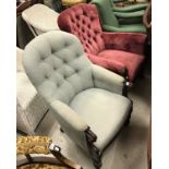 A Victorian button salon armchair with show frame arms on turned front legs together with a