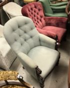 A Victorian button salon armchair with show frame arms on turned front legs together with a