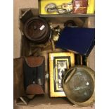 A box of sundry items to include glass beaded necklace, tortoiseshell style photo frame,