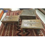 Two small carved oak miniature stools and an Indian carved teak stool