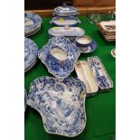 A collection of various English blue and white transfer decorated pottery including lozenge shaped
