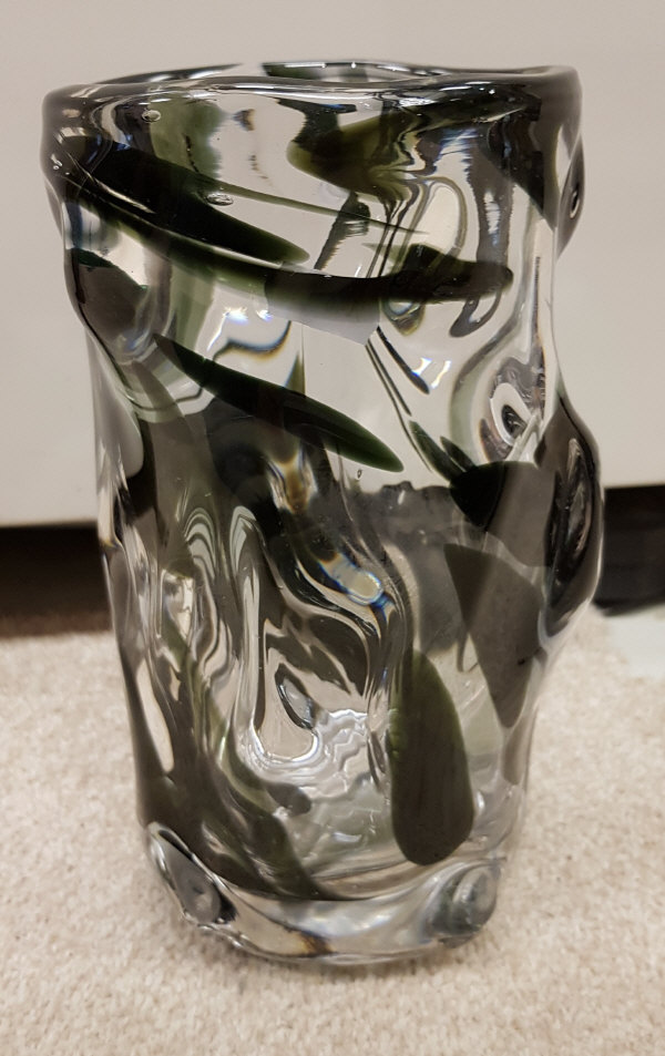 A Whitefriars "Knobbly" cased vase with green splatter pattern by William Wilson and Harry Dyer,