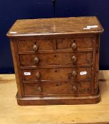 A burr walnut miniature chest of two short over three long drawers raised on a plinth base in the