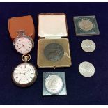 A silver cased and yellow metal mounted Waltham pocket watch together with a Timex pocket watch,