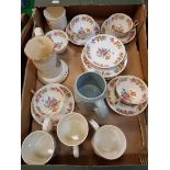 A box of various china wares to include Ansley floral decorative tea set and decorative mugs