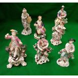 A collection of seven various English pottery and porcelain figures including Chelsea Derby type