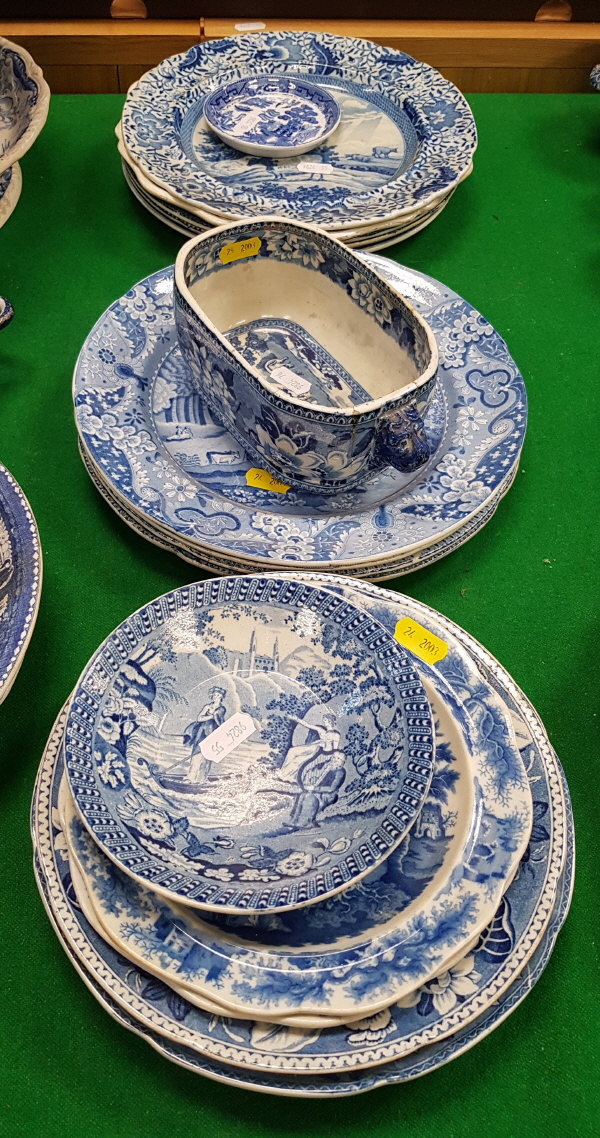 A collection of seventeen various 19th Century and other English blue and white plates and dishes