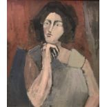 JUDY TWYNAM "Woman in pensive pose her chin upon her clenched fist" a portrait study, half length,