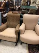 A circa 1900 upholstered scroll arm chair together with a similar ladies chair