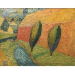 A D T S "Poplars" rural scene depicting two poplars in front of a building, oil on canvas,