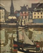 JACQUES BOUYSSOU (1926-1977) "River landscape with boats in foreground,