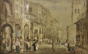 S PROUT (1783-1852) "A street in Budapest" watercolour heightened with body colour and white,