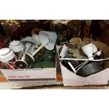 Four boxes of sundry household items to include wine buckets, hurricane lamps,
