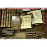 A box of assorted antiquarian leather bound books to include "The Dramatic Works of John Dryden