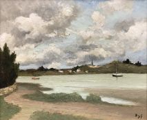 MARCEL DYF "La Rive" a river landscape with boats, oil on canvas, signed lower right and dated 22.