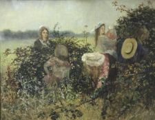 20TH CENTURY ENGLISH SCHOOL "The berry pickers" rural scene depicting girls picking berries,