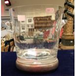 A modern glass presentation wine bucket with silver base, bearing inscription to glass,