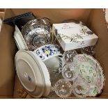 Two boxes of various china, glass ware,