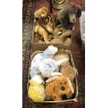Two boxes of various soft and/or wood wool filled toys including a Farnel Alpha seated lion,