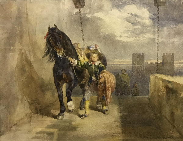 M JOHN FREDERICK TAYLOR (1802-1889) "Young man leading horse with further figures and castle gate