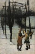 JULIA "Children and hop poles in Winter" oil on board,