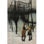 JULIA "Children and hop poles in Winter" oil on board,