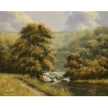 TOM LEIGHTON "River Landscape with Cows Watering in Distance" chalk pastel, signed lower right,