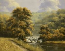 TOM LEIGHTON "River Landscape with Cows Watering in Distance" chalk pastel, signed lower right,