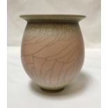 DAVID WHITE (1934-2011) - a porcelain wide-rimmed jar, pink / peach crackle glaze,