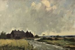 ROY PETLEY "Norfolk in a storm" with buildings in background, a junction in the foreground,