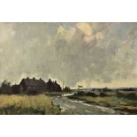 ROY PETLEY "Norfolk in a storm" with buildings in background, a junction in the foreground,