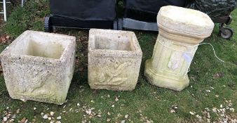 Two modern square concrete planters,