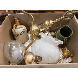 A box containing a brass ceiling light, cut glass ceiling light,