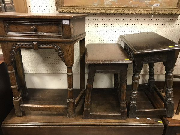 Two oak joint stools together with an oak credence style side table and an oak single leaf drop